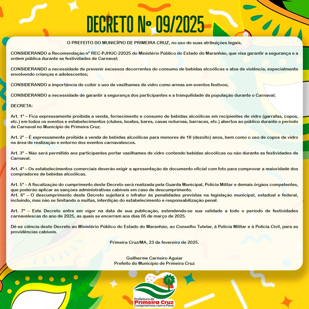 DECRETO Nº 09/2025: Um Carnaval seguro e responsável em Primeira Cruz