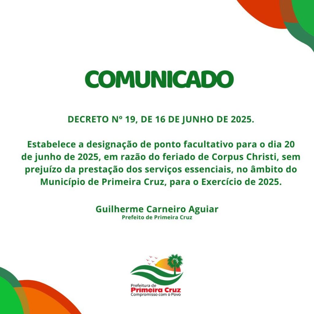 Ponto facultativo em razão do feriado de Corpus Christi