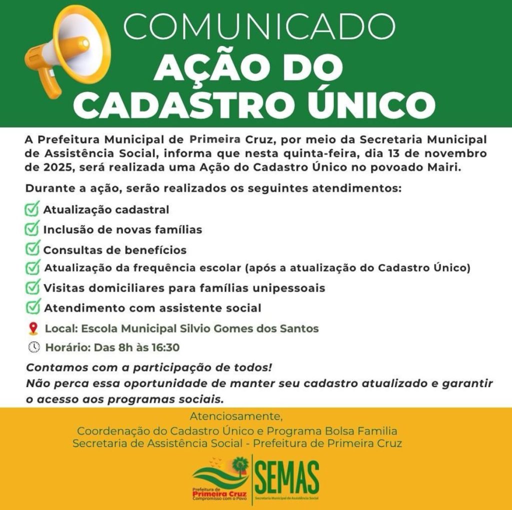 Prefeitura de Primeira Cruz realiza Ação do Cadastro Único no povoado Mairi e reforça acesso aos direitos sociais Prefeitura de Primeira Cruz realiza Ação do Cadastro Único no povoado Mairi e reforça acesso aos direitos sociais