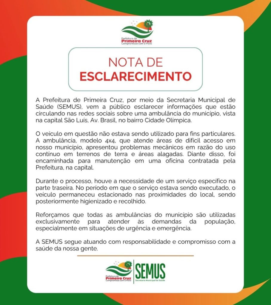 Prefeitura de Primeira Cruz divulga nota de esclarecimento à população Prefeitura de Primeira Cruz divulga nota de esclarecimento à população